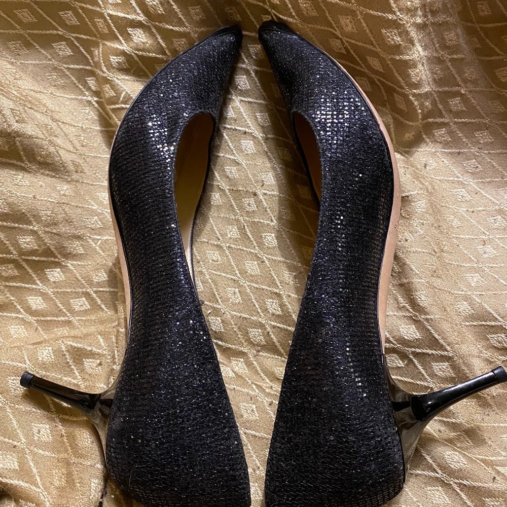 Jimmy Choo Glittery Black Pointed Toe Comfort Pump Kitten Heel Size 37.5